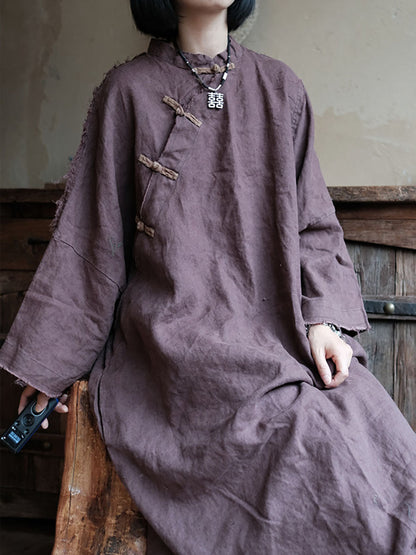 Women Chinese Style Vintage Burrs Button Linen Dress