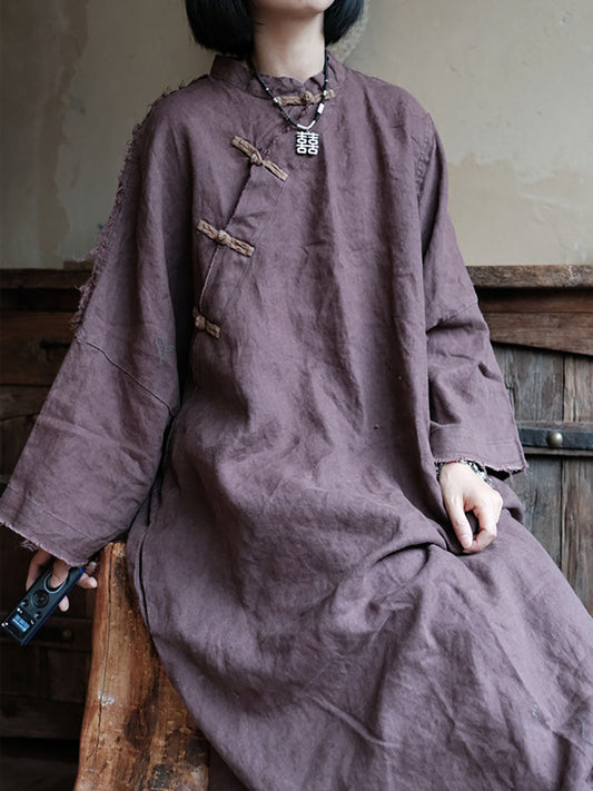 Women Chinese Style Vintage Burrs Button Linen Dress