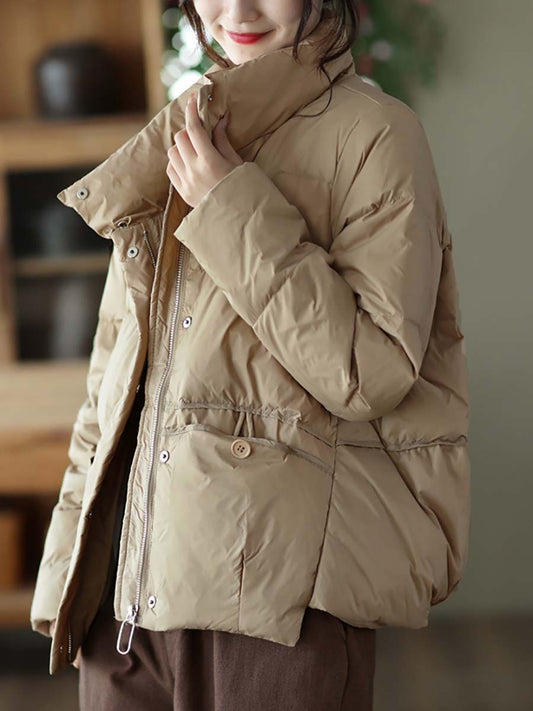 Women Casual Zipper Pocket Solid Warm Down Coat
