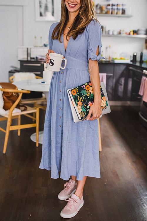 Casual Vacation Button Knot Sleeve Dress