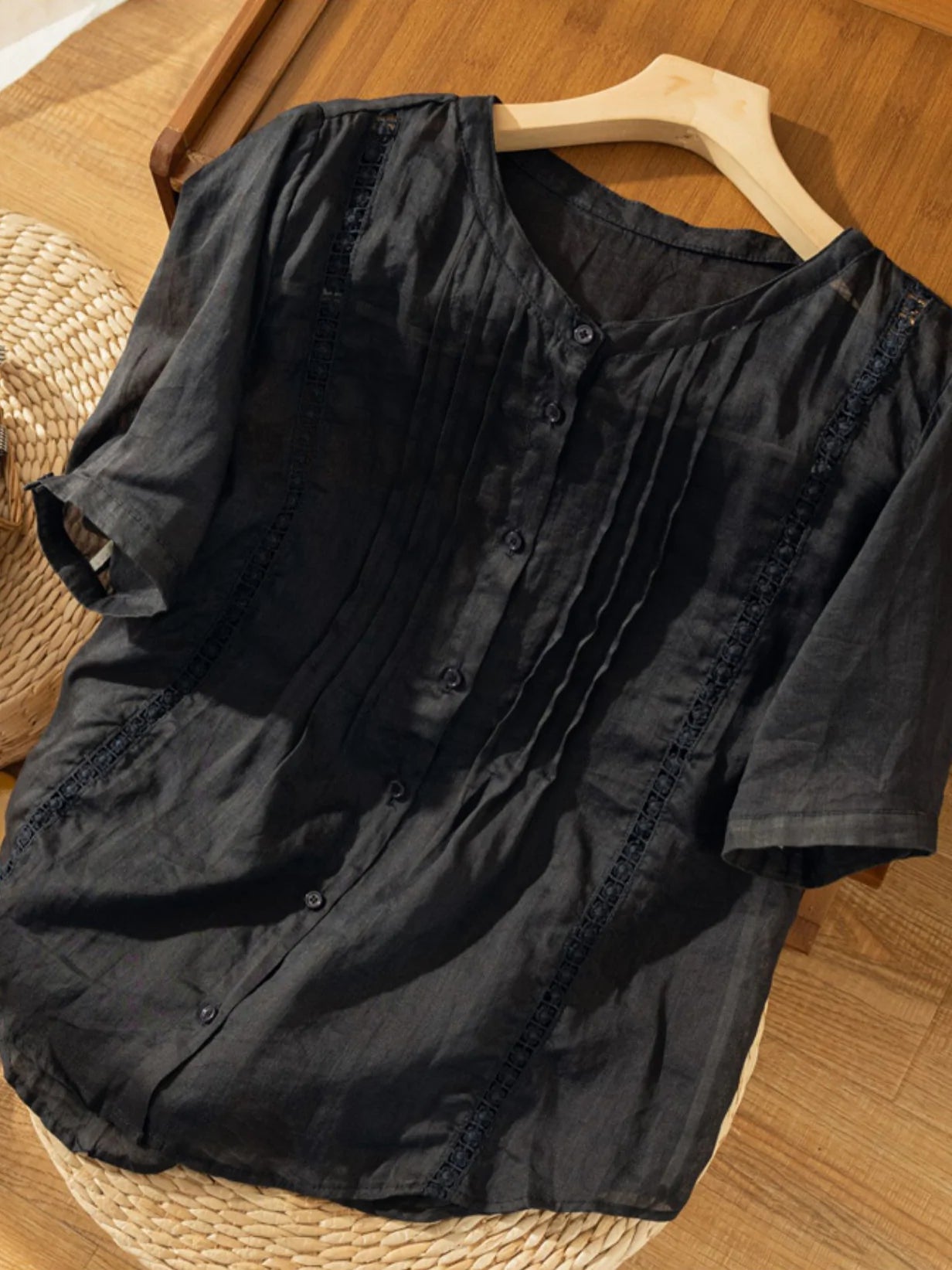 Pure Color Round Neck Short Sleeve Casual Linen Top