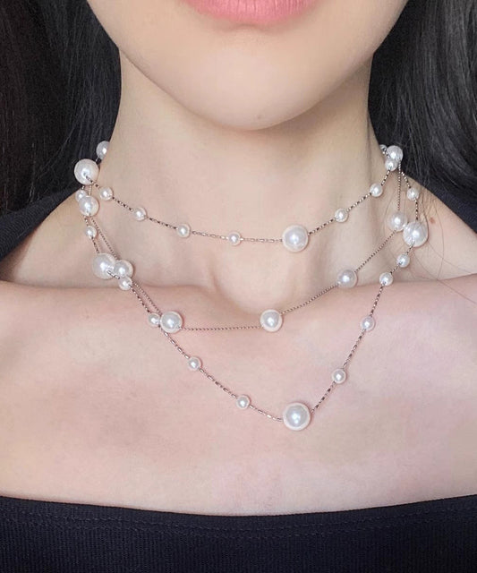 Boho Grey Copper Overgild Pearl Babysbreath Gratuated Bead Necklace
