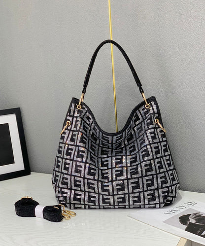 Women Rhinestone Solid Durable Faux Leather Tote Handbag