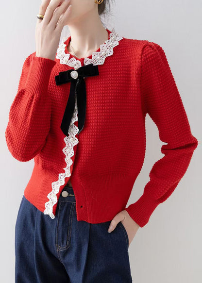 Bohemian Red Bow Nail Bead Knit Cardigan Winter