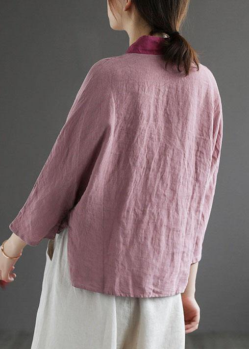 Fashion Purple Retro Embroideried Patchwork Summer Linen Blouse