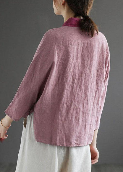 Fashion Purple Retro Embroideried Patchwork Summer Linen Blouse
