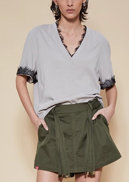 Grey Lace Solid Cotton T Shirt V Neck Short Sleeve