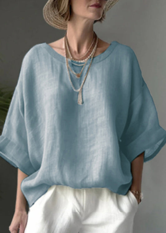 Simple Blue O Neck Loose Cotton Shirt Tops Summer