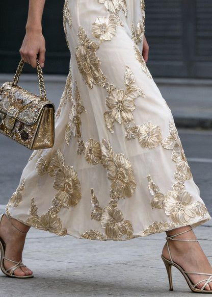 Fine Light Khaki Floral High Waist Tulle Skirt Spring