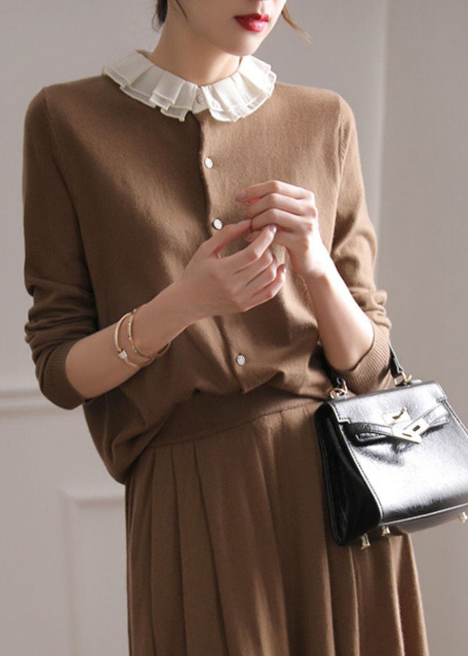 Women Coffee O-Neck Ruffled Patchwork Cashmere Cardigans Spring