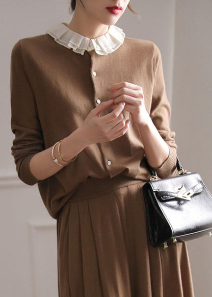 Women Coffee O-Neck Ruffled Patchwork Cashmere Cardigans Spring