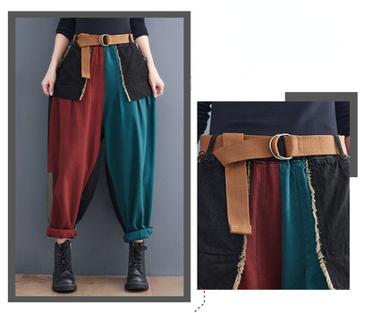 New Literary Plus Size Stitching Denim Harem Pants