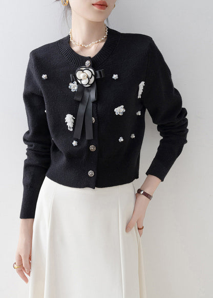 Italian Black O-Neck Floral Knit Cardigans Winter