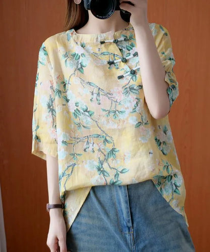 Natural yellow print tunic top o neck half sleeve Midi summer shirts