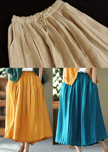 Bohemian Yellow Elastic Waist Wrinkled Linen Skirt Summer
