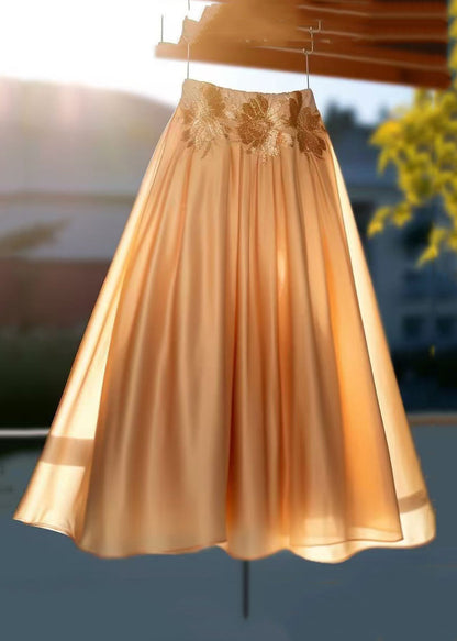 Women Champagne Gold Embroidered High Waist Cotton Skirts Summer