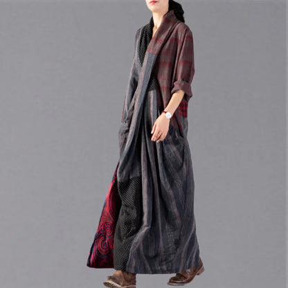 New red Plaid oversize v neck patchwork linen clothing dress women pockets asymmetrical design caftans