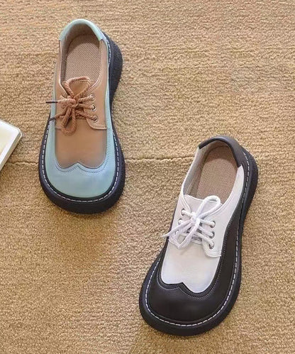 2025 Splicing Platform Flat Shoes Black White Faux Leather Lace Up