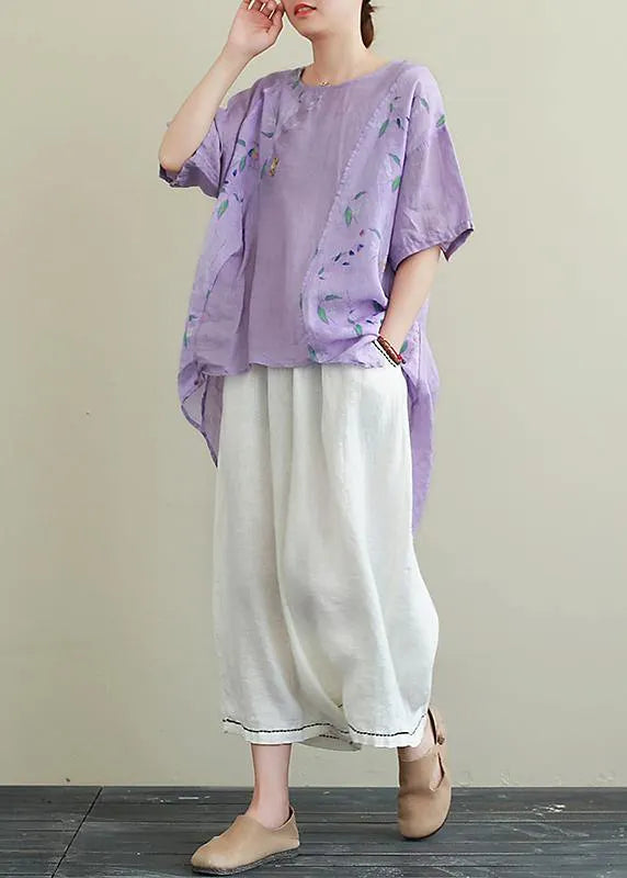 Literature and art ramie purple printed T-shirt female loose cotton blend nine points wide leg pants two-piece suit