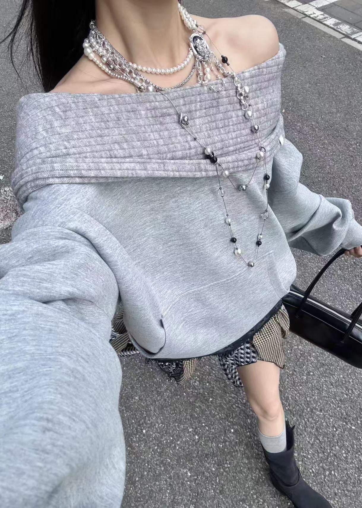 Elegant Grey Slash Neck Patchwork Sweatshirt Lantern Sleeve