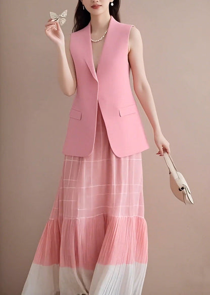 Fashion Pink V Neck Waistcoat And Wrinkled Skirts Two Pieces Set Sleeveless