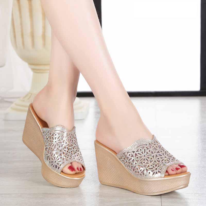 Rhinestone High Slope Heel Non-slip Sandals And Slippers Size 11 September