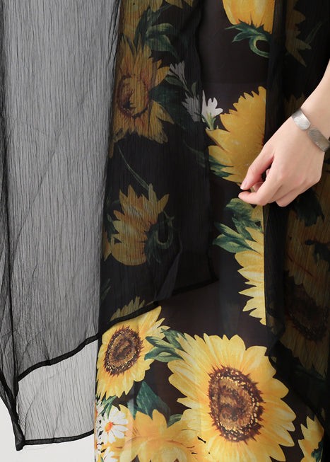 Style yellow print chiffon clothes Fashion Neckline o neck false two pieces Art Summer Dress