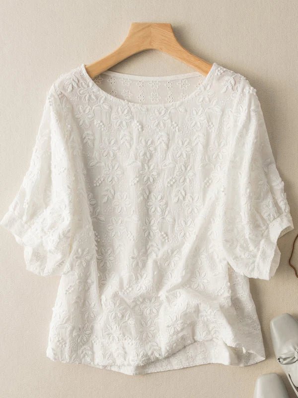 Embroidered Round Neck Half Sleeve Casual Linen Tee Top