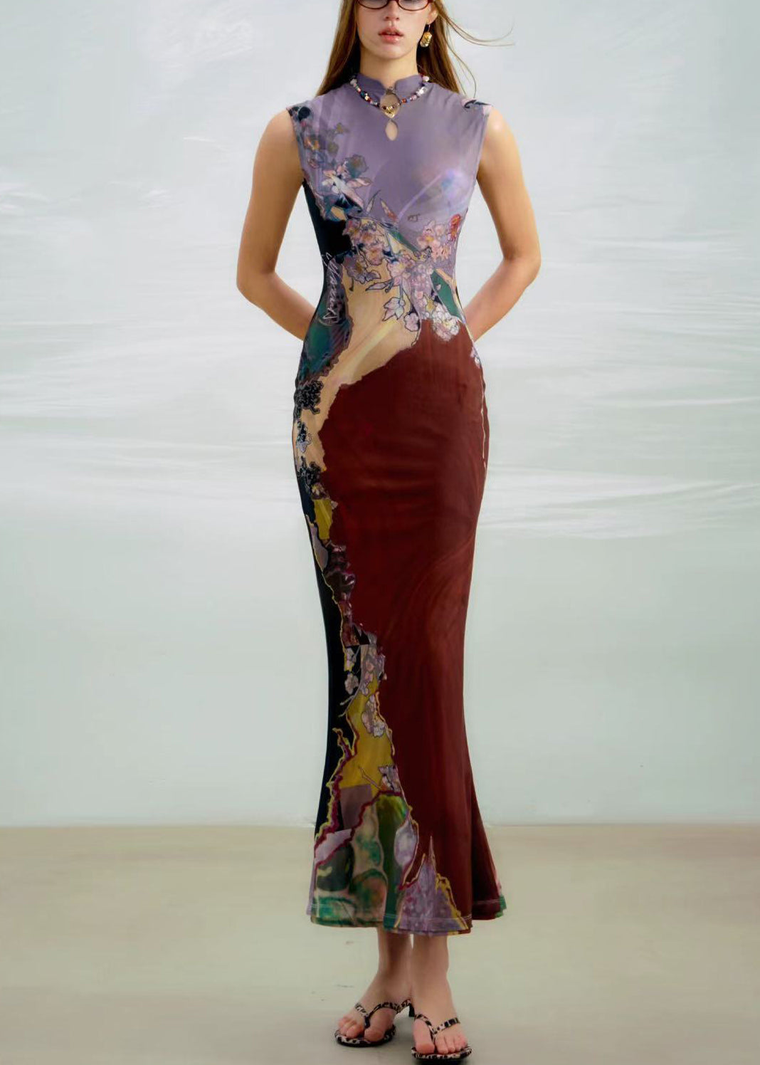 Purple Wear On Both Sides Long Dress Print Sleeveless