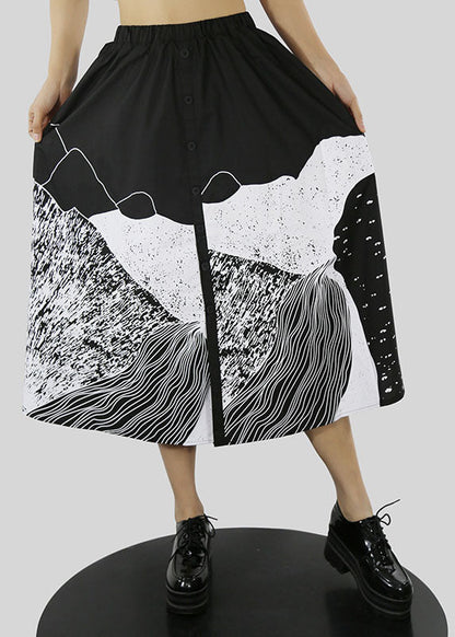 Women Black button elastic waist print a line Skirts Spring