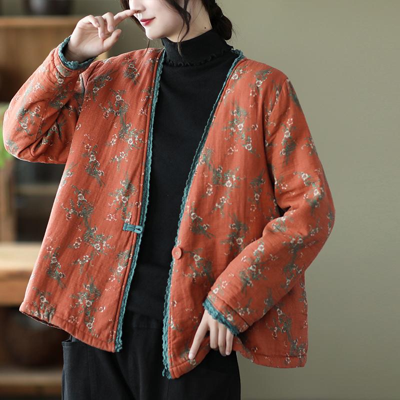 Autumn Winter Loose Floral Thick Cotton Coat