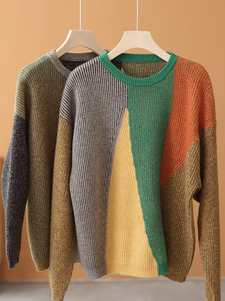 Women Winter Casual Geometric Colorblock Sweater