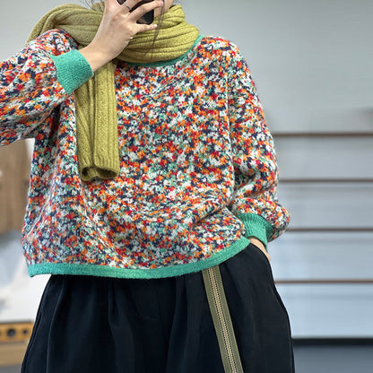 Floral Knit Casual Thick Warm Crew Neck Sweater