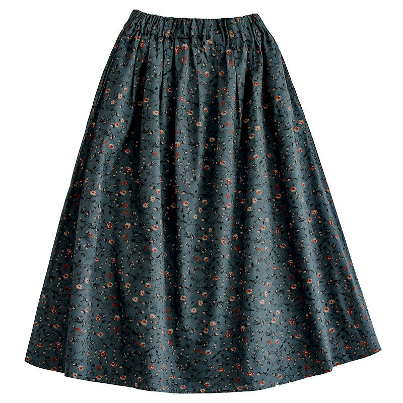 Retro Literary Floral Mid-Length Skirt