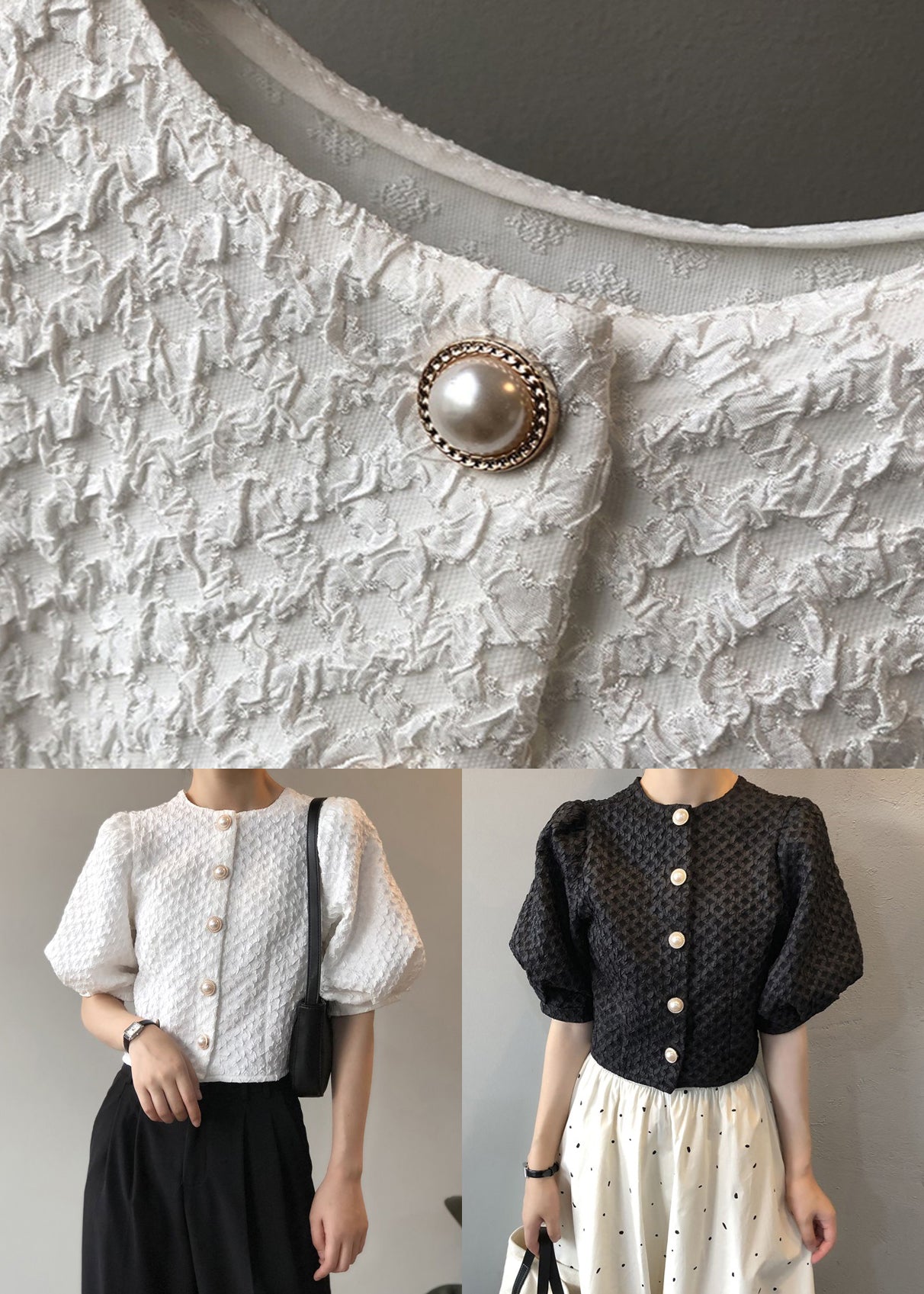 Black Button Wrinkled Cotton BlousesO Neck Puff Sleeve