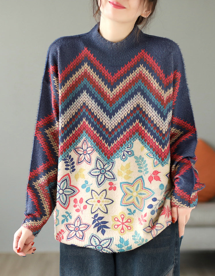 Artistic Retro Half Turtleneck Faux Mink Knitted Sweater