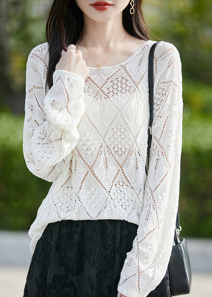 Yellow Hollow Out Solid Knit Sweater O Neck Long Sleeve