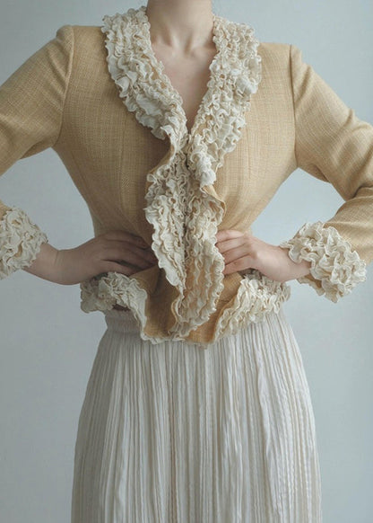 Women Yellow Ruffled Patchwork Cotton Jacket Fall