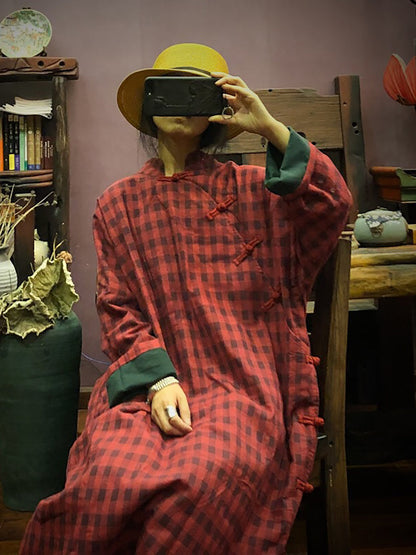 Women Stand Collar Button Cotton Robe Dress