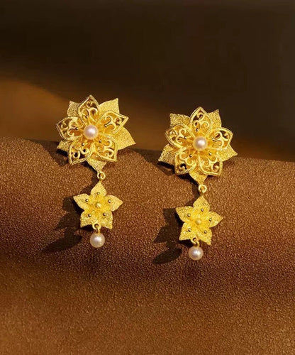 Vintage Gold Sterling Silver Overgild Pearl Floral Drop Earrings