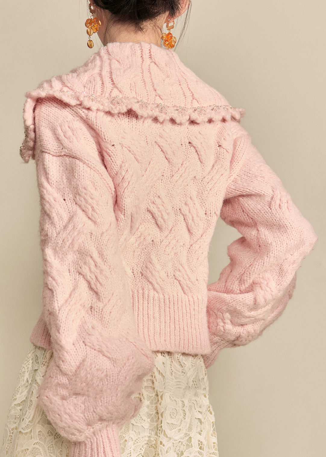 Casual Pink Peter Pan Collar Floral Cotton Knit Cardigans Lantern Sleeve