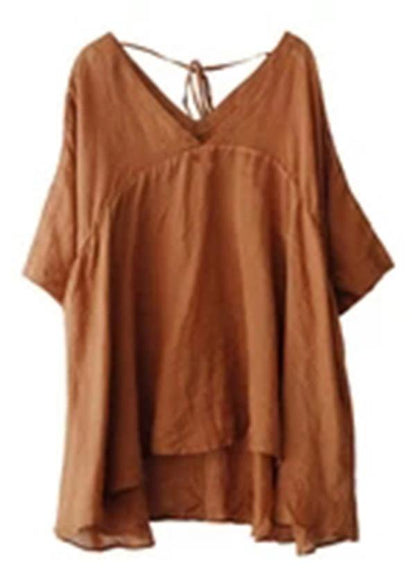Women Orange Ramie Lace-up Pure Color Irregular Casual T-shirt