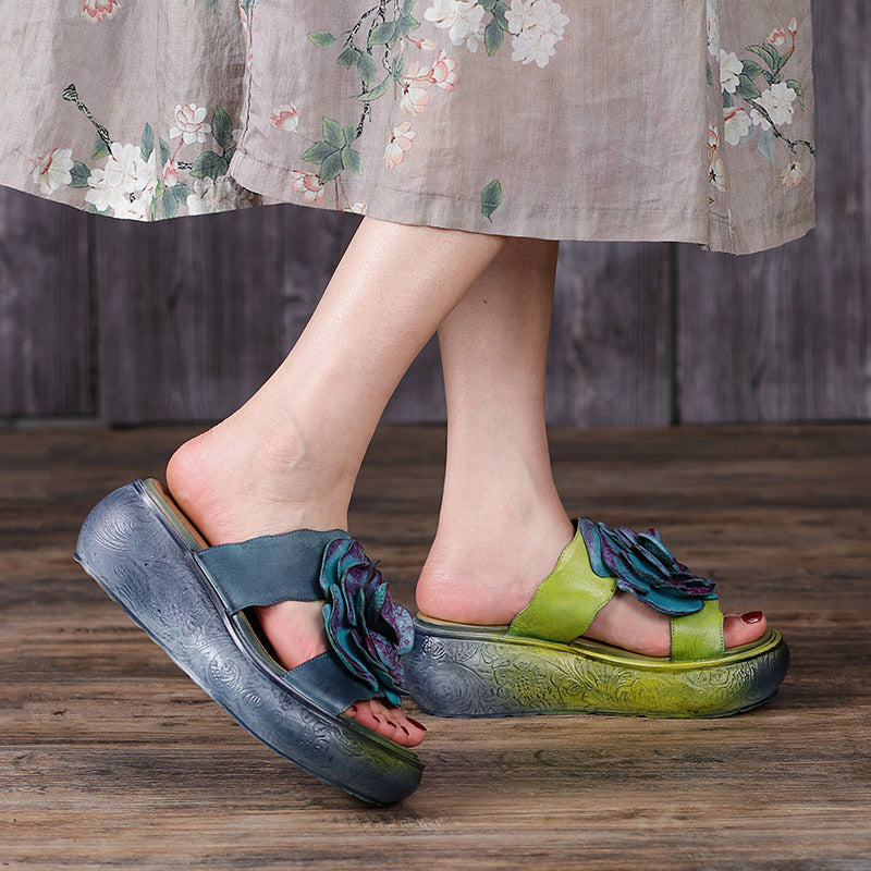 Women 2022 Vintage Leather Floral Platform Slippers