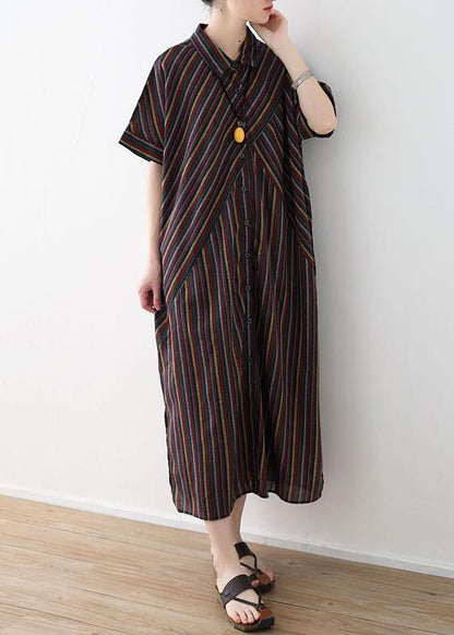 Italian yellow green linen dresses lapel collar Art summer shirt Dress