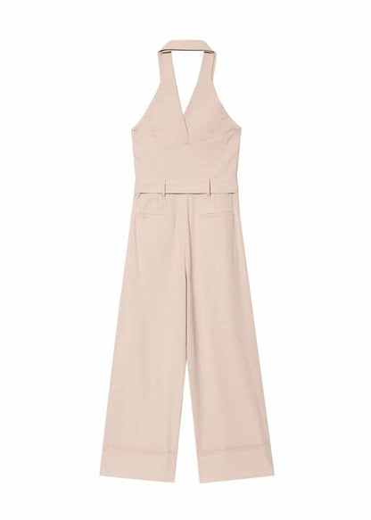 Elegant Beige Halter Pockets Cotton Jumpsuit Sleeveless