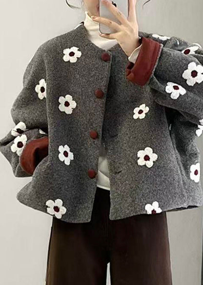 Organic Grey Print Button Woolen Coats And Wide Leg Pants Two Pieces Set Winter