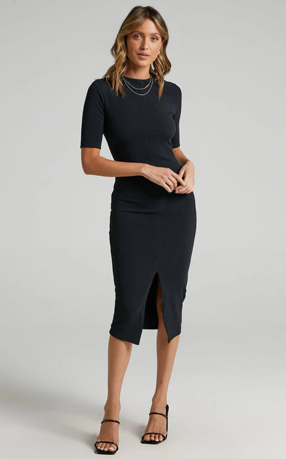 Tall Tales Midi Dress - Bodycon Centre Split Dress in Black