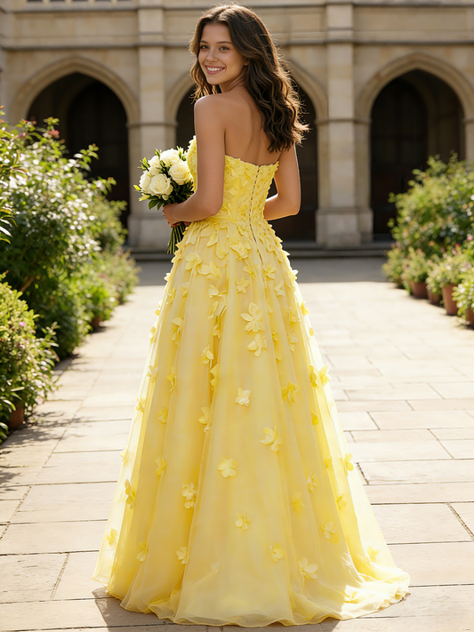 A-Line/Princess Long Tulle Prom Strapless Evening Party Dresses with Floral Applique