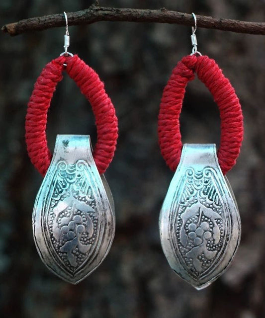 Vintage Red Sterling Silver Engrave Hoop Earrings