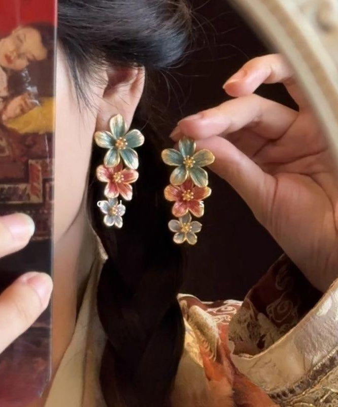 Vintage Rainbow Metal Alloy Drip Glaze Floral Drop Earrings